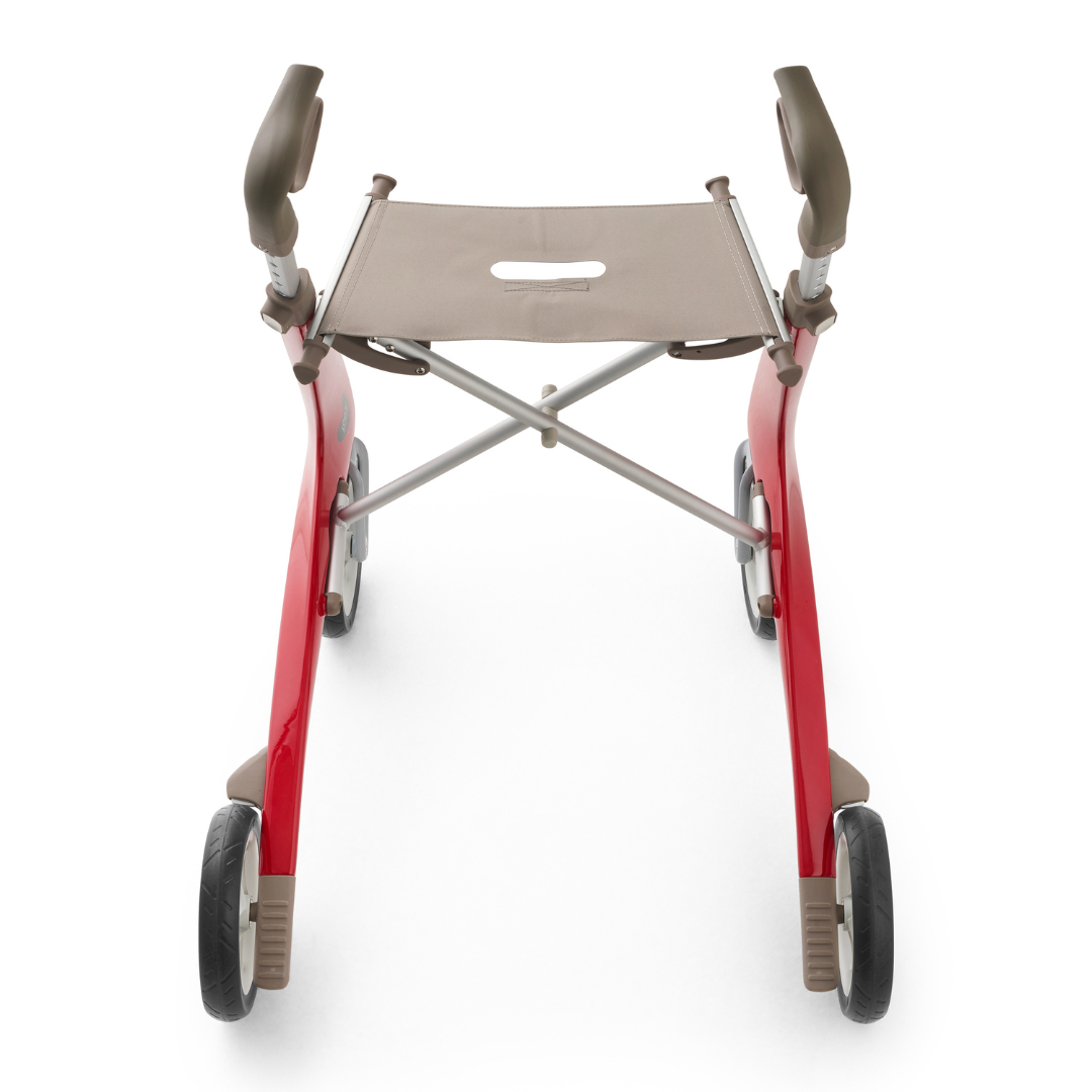 The ByACRE Ultralight Carbon Fiber Rollator (10.6 lbs) features a modern red and gray design with four wheels, a fabric seat, and ergonomic handles, shown from above on a white background.