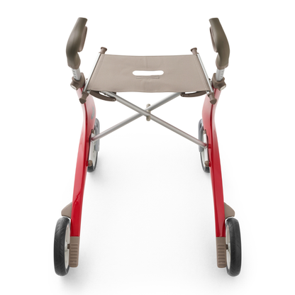 The ByACRE Ultralight Carbon Fiber Rollator (10.6 lbs) features a modern red and gray design with four wheels, a fabric seat, and ergonomic handles, shown from above on a white background.