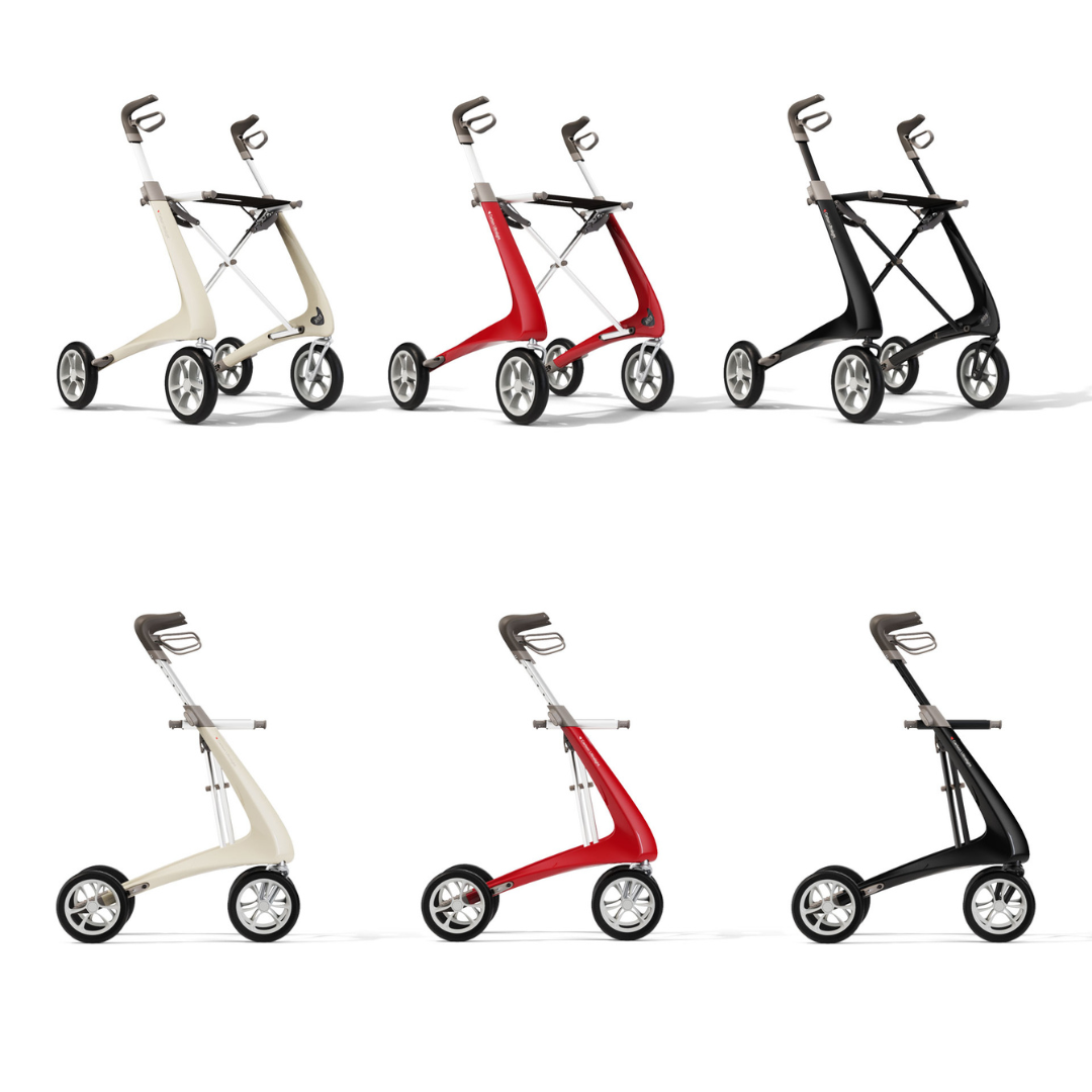 Three ByACRE Ultralight Carbon Fiber Rollators (10.6 lbs) in beige, red, and black are shown from the front and side; each features four wheels, ergonomic handles, and a sleek minimalist design.