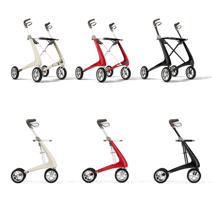 Three ByACRE Ultralight Carbon Fiber Rollators (10.6 lbs) in beige, red, and black are shown from the front and side; each features four wheels, ergonomic handles, and a sleek minimalist design.