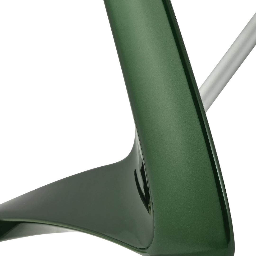 Close-up of the ByACRE Ultralight Carbon Fiber Rollator’s sleek green leg with a glossy finish, highlighting its smooth, curved design and silver support. The rollator is lightweight at just 10.6 lbs.