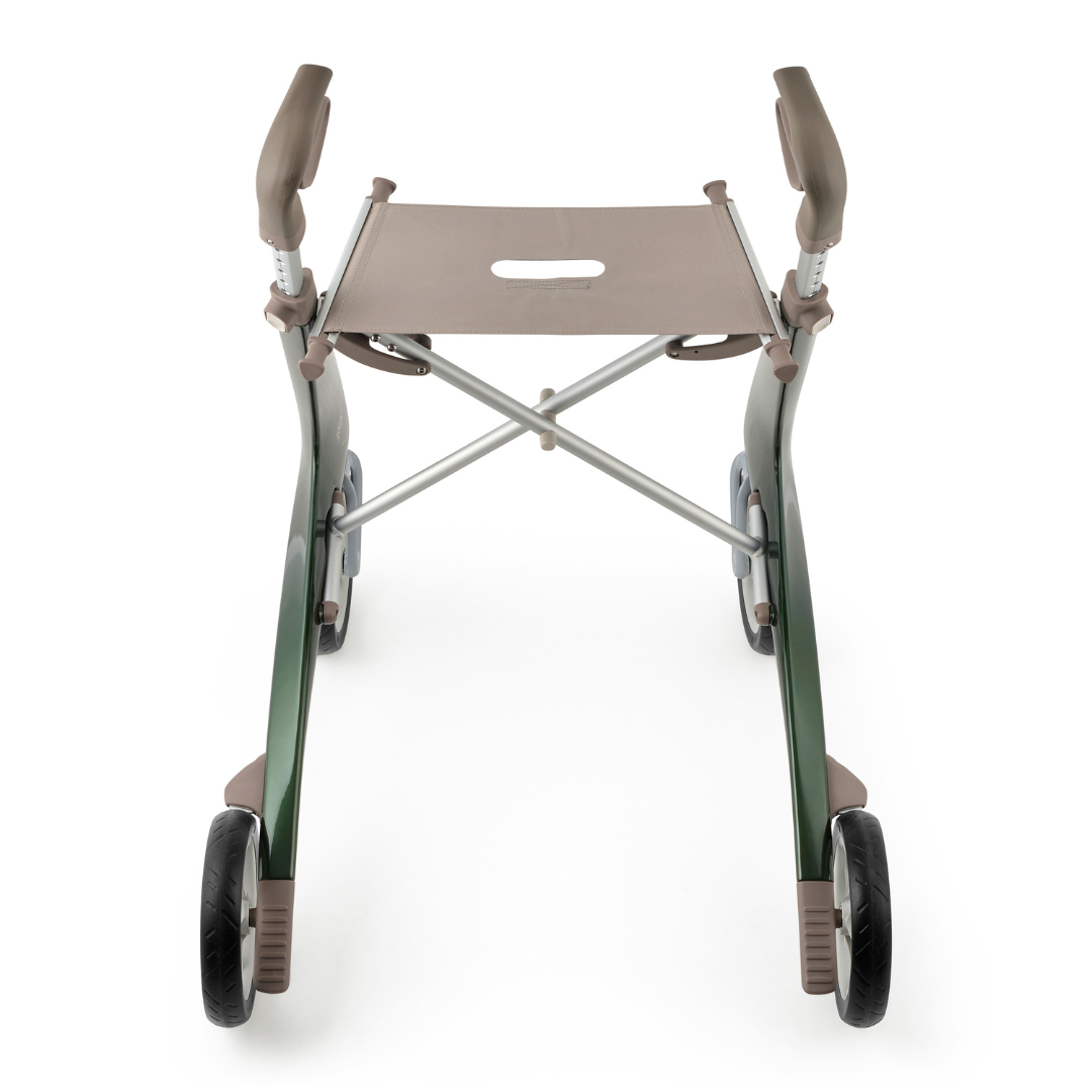 The ByACRE Ultralight Carbon Fiber Rollator (10.6 lbs) features four wheels, a built-in seat, and two ergonomic handles, shown from above on a white background.