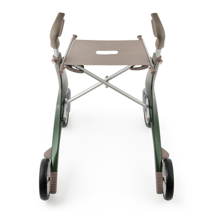 The ByACRE Ultralight Carbon Fiber Rollator (10.6 lbs) features four wheels, a built-in seat, and two ergonomic handles, shown from above on a white background.