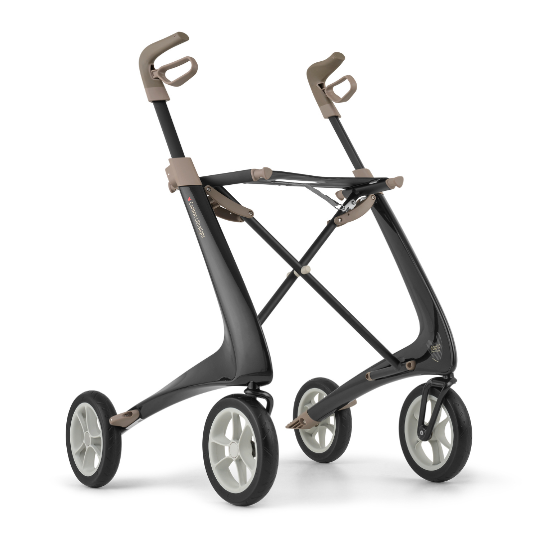 The ByACRE Ultralight Carbon Fiber Rollator (10.6 lbs) in black and beige features four large wheels and ergonomic handles for easy maneuverability and stability.