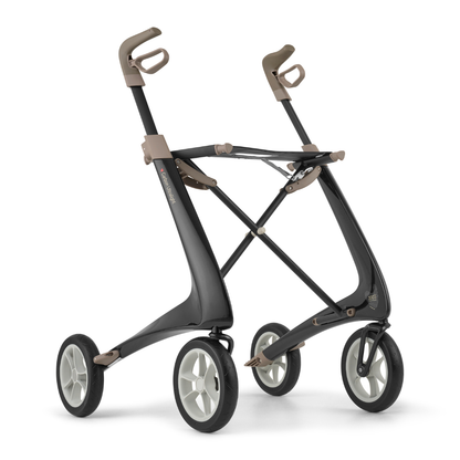 The ByACRE Ultralight Carbon Fiber Rollator (10.6 lbs) in black and beige features four large wheels and ergonomic handles for easy maneuverability and stability.