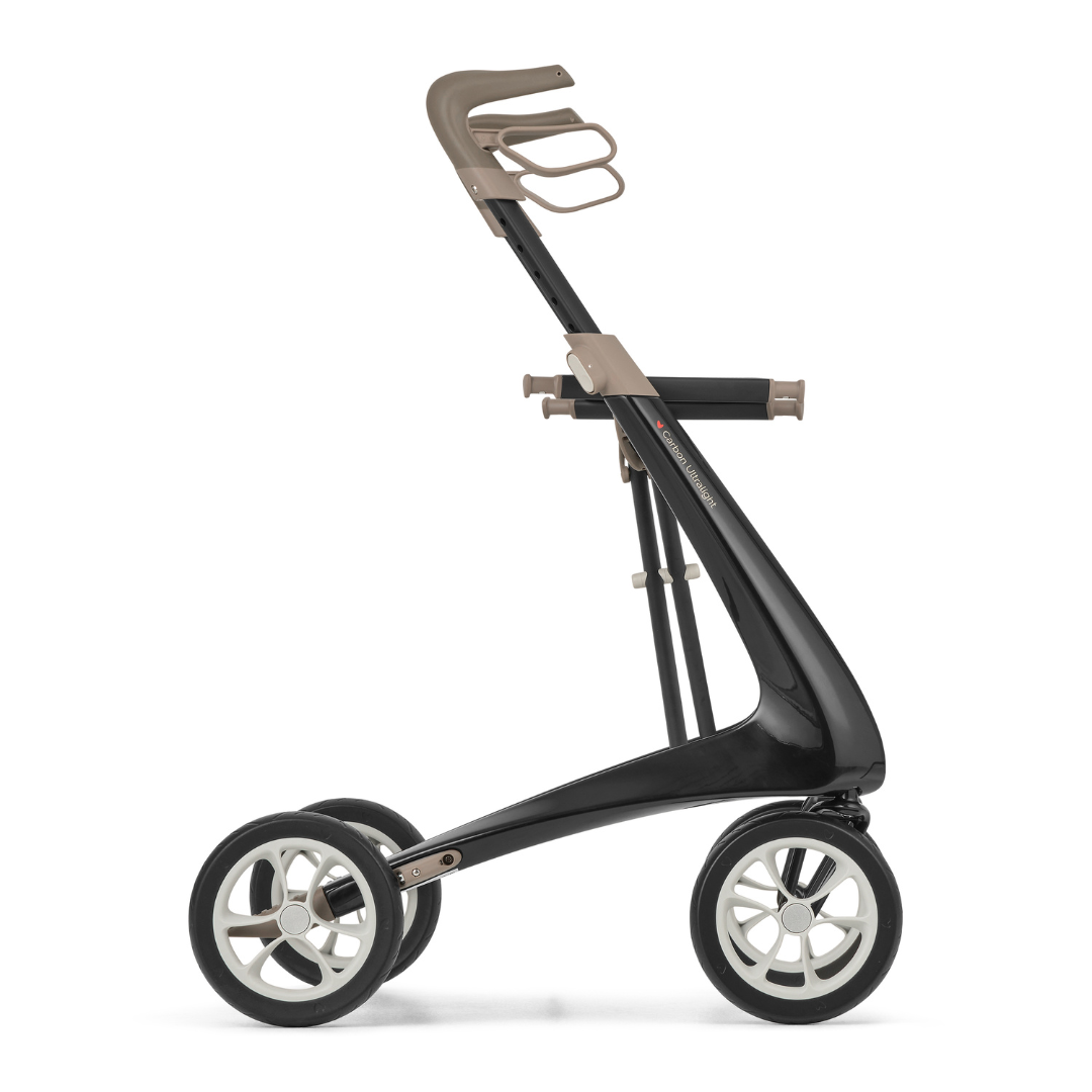 The ByACRE Ultralight Carbon Fiber Rollator (10.6 lbs) features a sleek black and beige frame, three large wheels, and ergonomic handles for minimalist style and comfortable mobility assistance.