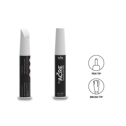 Two black touch-up pen bottles with gray caps are shown—one displays the front label, the other the back. Diagrams to the right show pen tip vs. brush tip, ideal for Spare Parts - byAcre Carbon Ultralight Rollator maintenance.