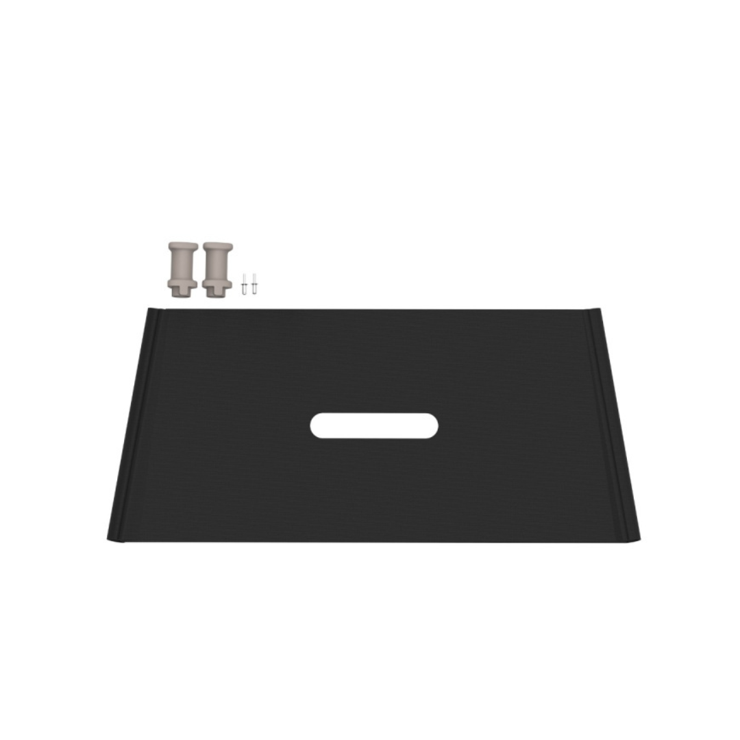 A black rectangular panel with an oval cutout, plus two gray pegs and two metal pins, displayed on white—fits the byACRE Carbon Ultralight Rollator as spare parts or for rollator maintenance.