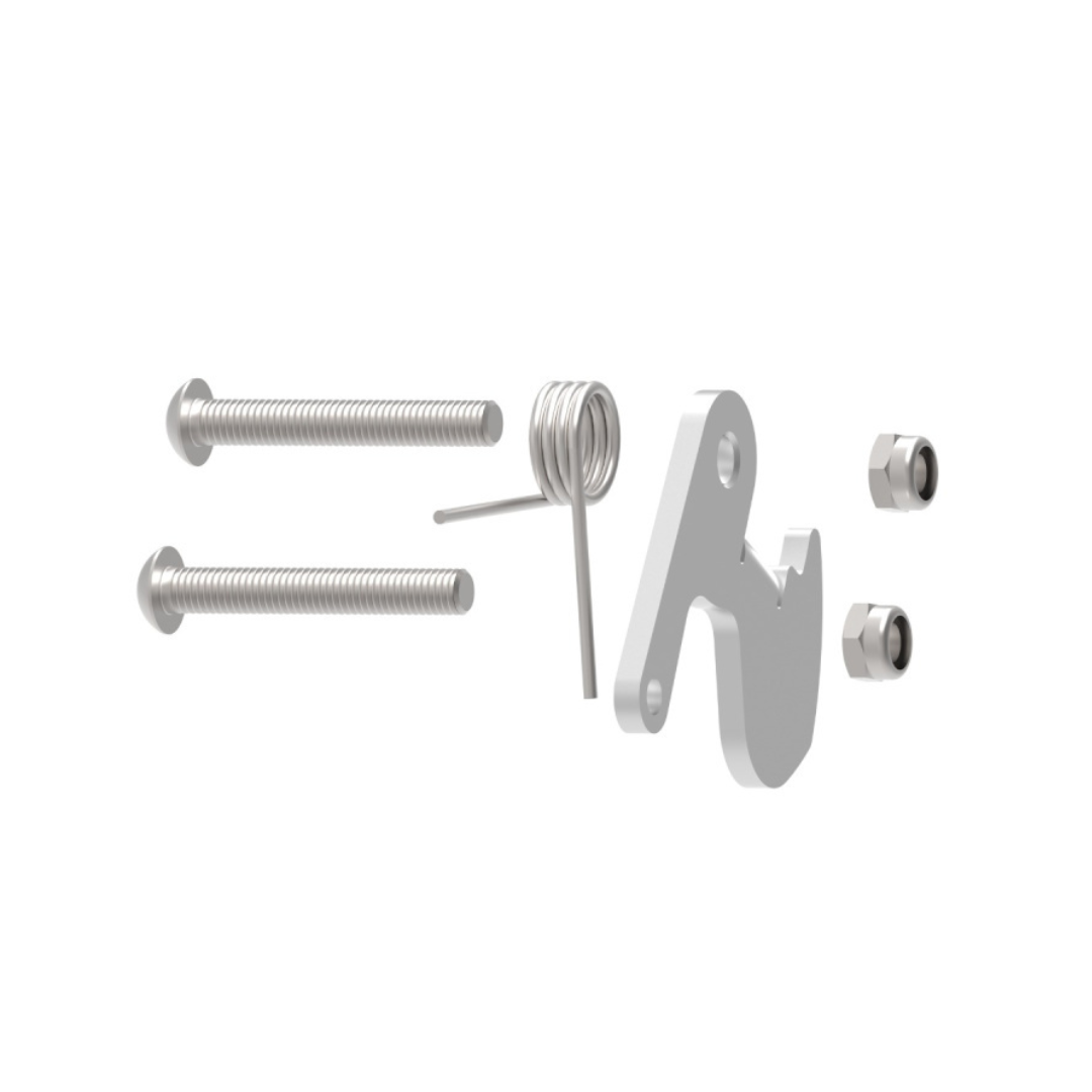 Rendered image of Spare Parts - byAcre Carbon Ultralight Rollator, featuring two screws, a coiled spring, a metal bracket with cutout, and two hex nuts—essential accessories for rollator maintenance—displayed on a white background.