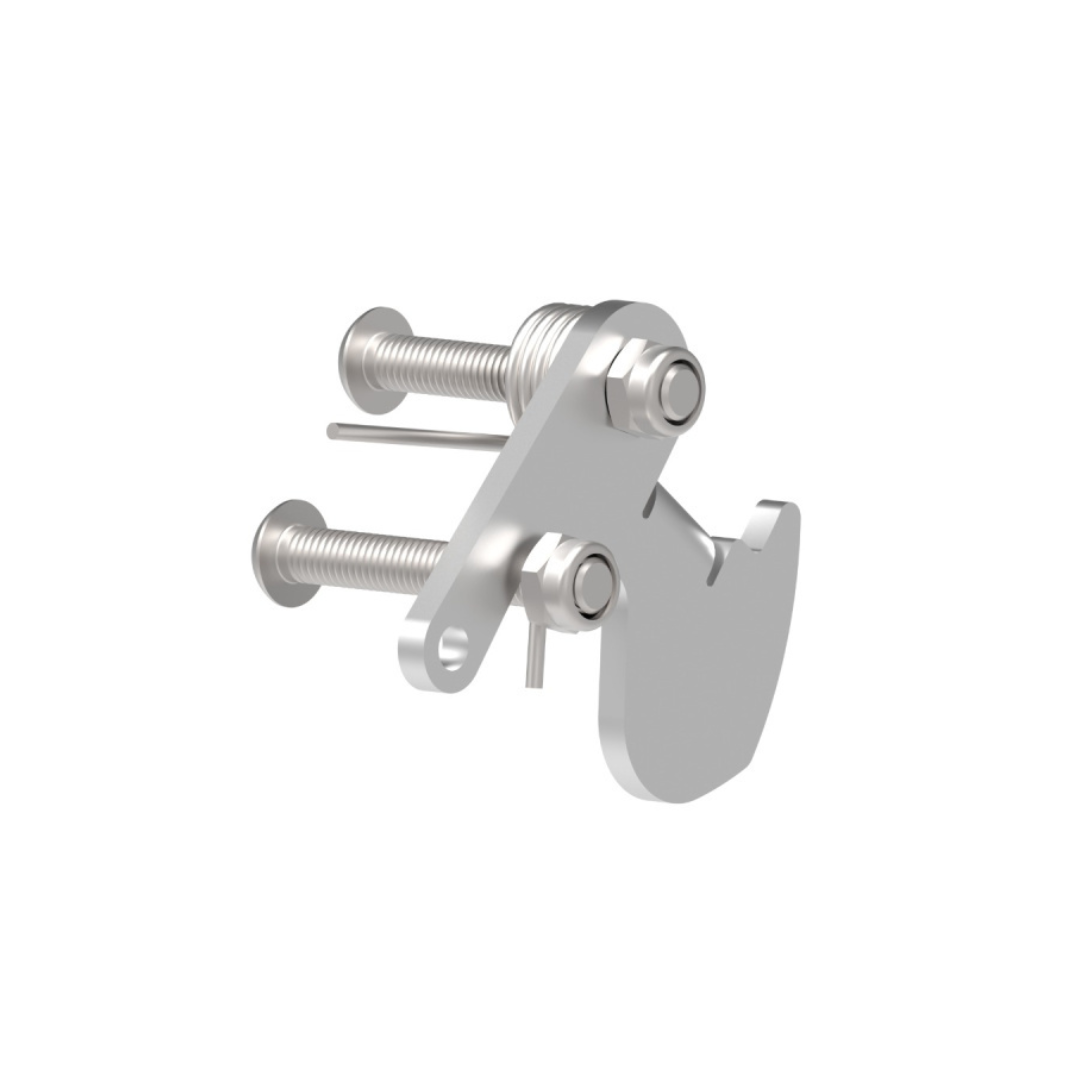 A 3D-rendered image of a metallic mechanical clamp with bolts and a curved grip, designed for securing objects—ideal as a byACRE Carbon Ultralight Rollator spare part or maintenance accessory.