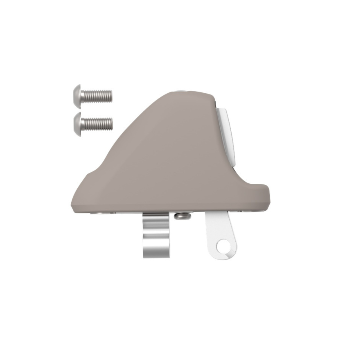 Side view of a small, taupe device with rounded top, white button, and two metal screws—shown as Spare Parts for the byAcre Carbon Ultralight Rollator—against a white background.