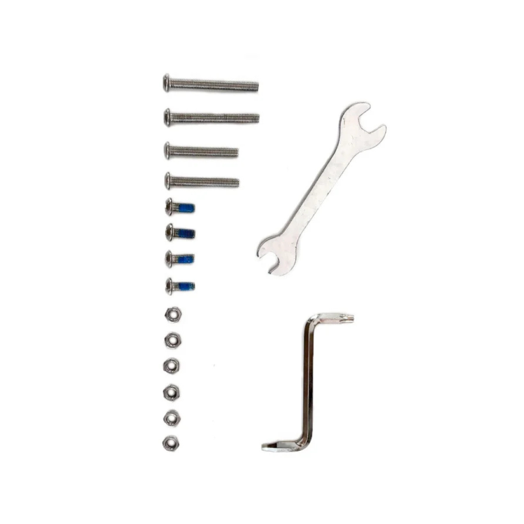 A set of hardware—six bolts, four nuts, three blue-tipped screws, an open-end wrench, and an L-shaped hex key—from the Spare Parts - byAcre Carbon Ultralight Rollator is arranged neatly on a white background.