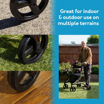 Collage of the Carex Crosstour Rolling Walker with Euro Design on concrete, grass, and wood. Text: “Great for indoor & outdoor use on multiple terrains.” An elderly person uses this lightweight mobility aid outside in a garden.