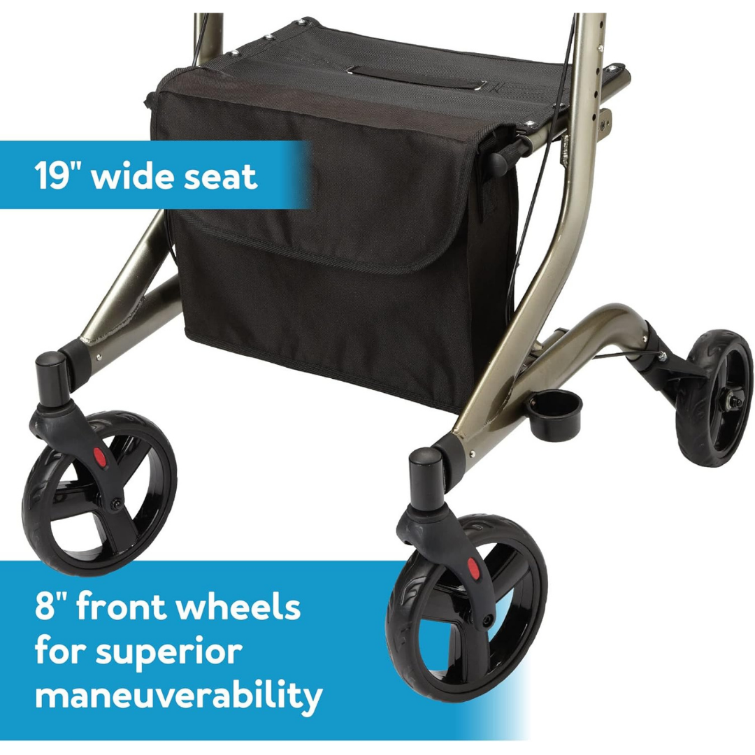 Close-up of the Carex Crosstour Rolling Walker with Euro Design, featuring large 8 front wheels, a wide 19 seat, and a black storage pouch below the seat—perfect for lightweight support and easy mobility.