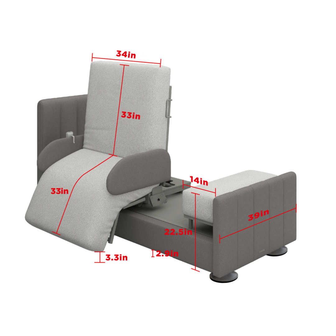 The Charme Starsleep Orin Rotating Full Electric Lift Assist Bed with Heat & Massage in gray features a German motor for smooth adjustments; detailed dimensions are labeled in red on its reclining frame.