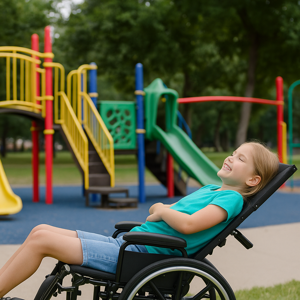A smiling young girl relaxes in a Proactive Chariot IV XTC-RC Pediatric Folding Reclining Wheelchair at a colorful playground with slides and climbing equipment, surrounded by trees and greenery.