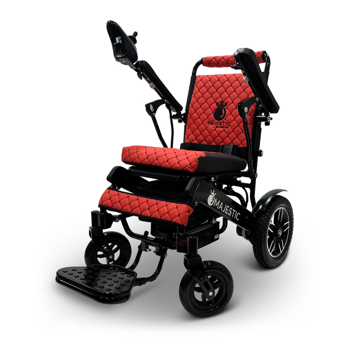 The ComfyGo MAJESTIC IQ-8000 Remote Controlled Lightweight Electric Wheelchair features a quilted seat and backrest for enhanced comfort. With its large rear wheels, footrest, and armrests that include a control panel on the right side, this travel-friendly wheelchair offers smooth navigation while maintaining both style and convenience.