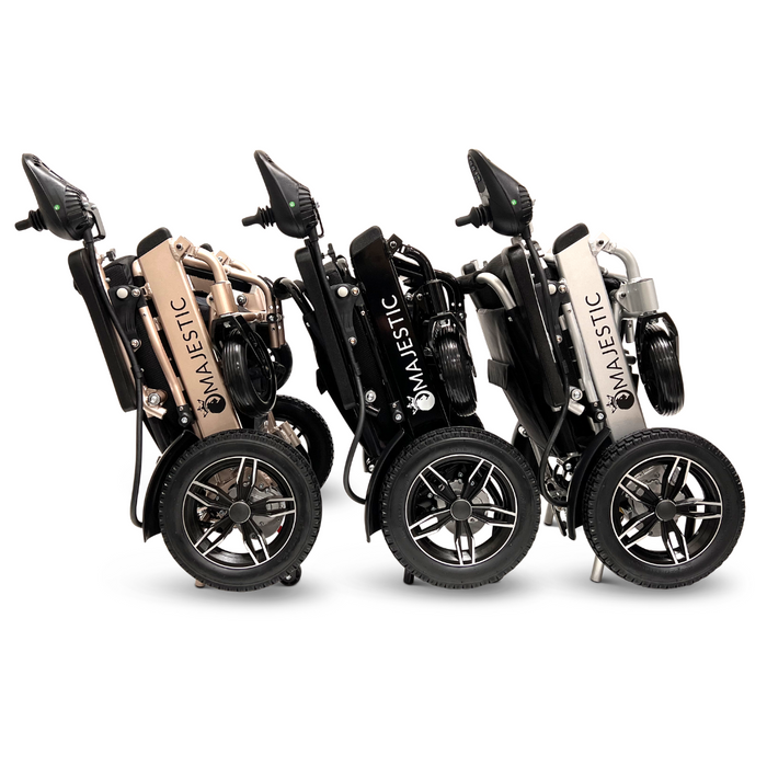 Three travel-friendly ComfyGo MAJESTIC IQ-8000 electric wheelchairs are side-by-side, showcasing lightweight, compact frames with visible tires and joystick controls on the armrests.