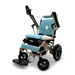 Introducing the ComfyGo MAJESTIC IQ-8000 Remote Controlled Lightweight Electric Wheelchair, a modern and versatile mobility solution. It features a sleek metallic frame with the MAJESTIC brand name, a stylish light blue quilted seat and backrest, travel-friendly large rear wheels, foldable footrests for convenience, and a user-friendly joystick controller on the right armrest.