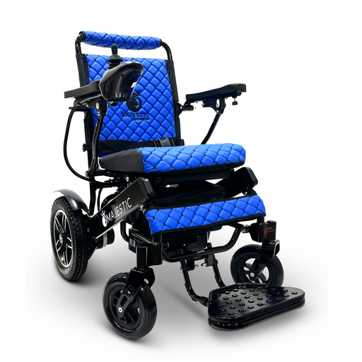 The ComfyGo MAJESTIC IQ-8000 Remote Controlled Lightweight Electric Wheelchair features a vibrant blue and black design with luxurious quilted upholstery, convenient armrests, and a right-side joystick controller. Its lightweight structure includes durable wheels and a foldable footrest, ensuring it's travel-friendly while maintaining exceptional comfort and control.