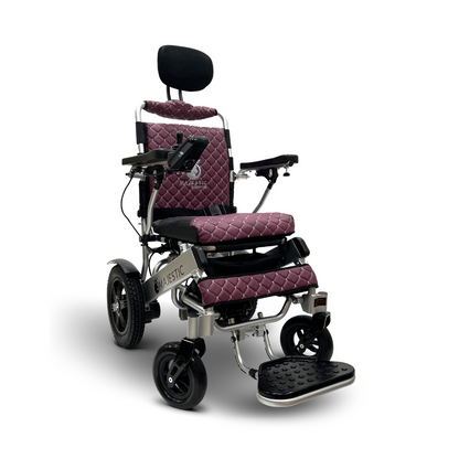 The ComfyGo MAJESTIC IQ-9000 features a quilted purple seat and backrest, black wheels and armrests, a digital joystick controller, and an automatic reclining function. Its sleek design is perfect for indoor and outdoor use.