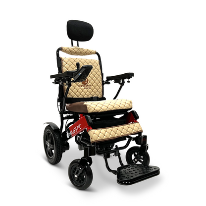 The ComfyGo MAJESTIC IQ-9000 Auto Recline Remote Controlled Electric Wheelchair boasts a quilted beige seat with headrest, complemented by black armrests and striking red accents. Its contemporary design is equipped with a digital joystick controller, a footrest, large rear wheels, and brushless silent motors to ensure smooth operation.