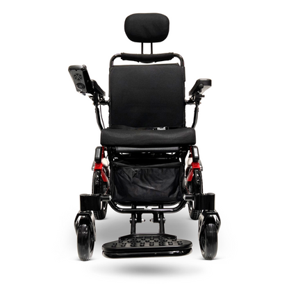 The ComfyGo MAJESTIC IQ-9000 Auto Recline Remote Controlled Electric Wheelchair boasts a sleek design and includes a digital joystick controller on one padded armrest along with brushless silent motors for smooth operation. Its footplate and four wheels are crafted for enhanced stability, all showcased against a crisp white background.
