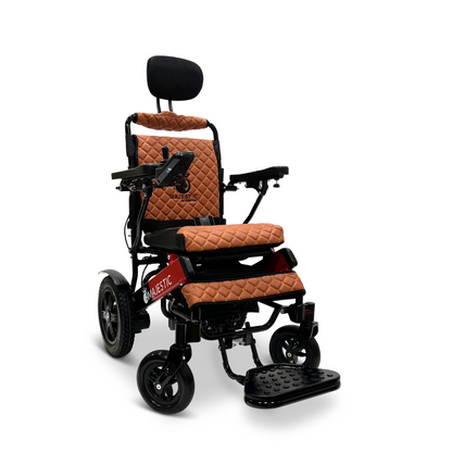 The ComfyGo MAJESTIC IQ-9000 Auto Recline Remote Controlled Electric Wheelchair features brown quilted padding on the seat and backrest, along with a headrest, footrest, and armrests. Equipped with brushless silent motors and a digital joystick controller, it ensures a smooth ride over its crisp white design.