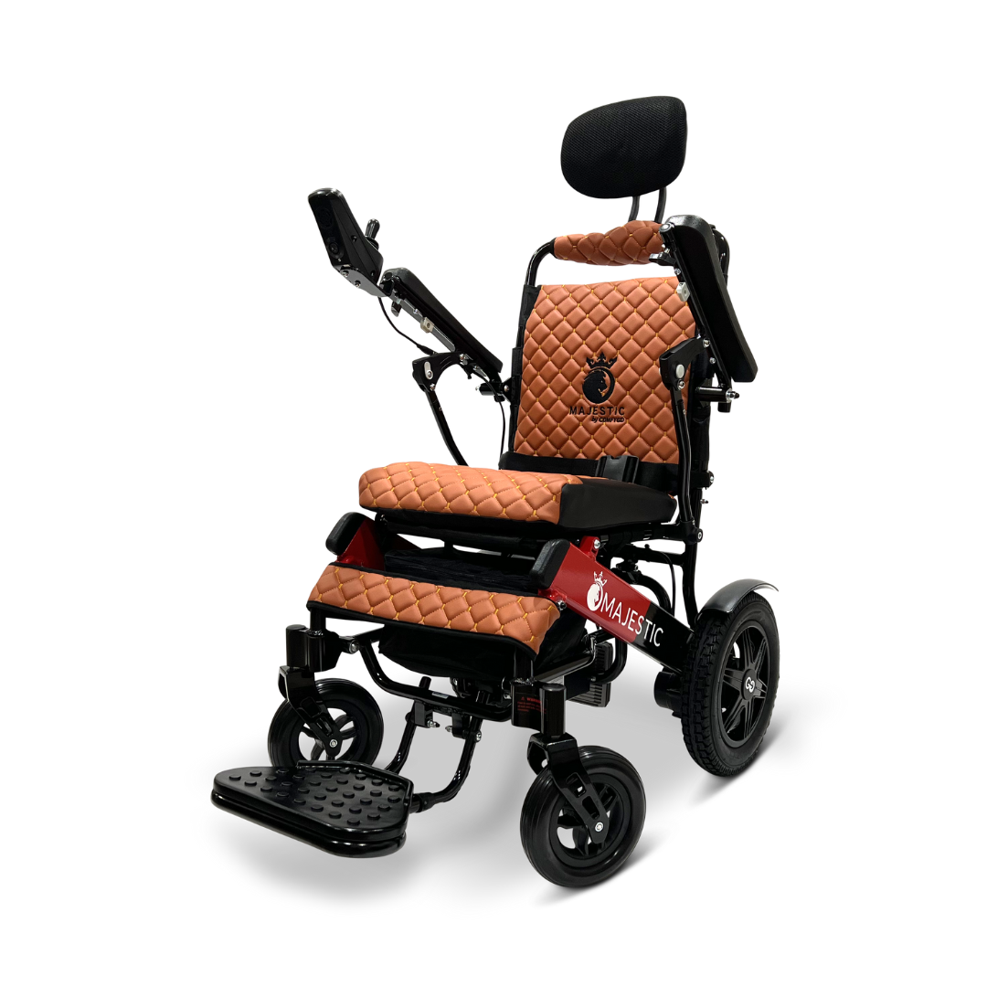The ComfyGo MAJESTIC IQ-9000 Auto Recline Remote Controlled Electric Wheelchair features a luxurious quilted brown seat and backrest, alongside adjustable armrests, a headrest, and a footplate. It's equipped with durable wheels and a digital joystick controller on the right armrest, powered by brushless silent motors for an exceptionally smooth ride.