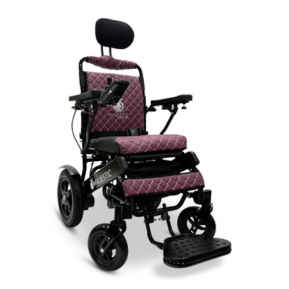 Introducing the ComfyGo MAJESTIC IQ-9000 Auto Recline Remote Controlled Electric Wheelchair, a marvel of modern design. This wheelchair features a luxurious quilted maroon seat and backrest, and is equipped with a digital joystick controller for easy navigation. It includes brushless silent motors and large sturdy wheels, ensuring enhanced mobility and comfort on every journey.