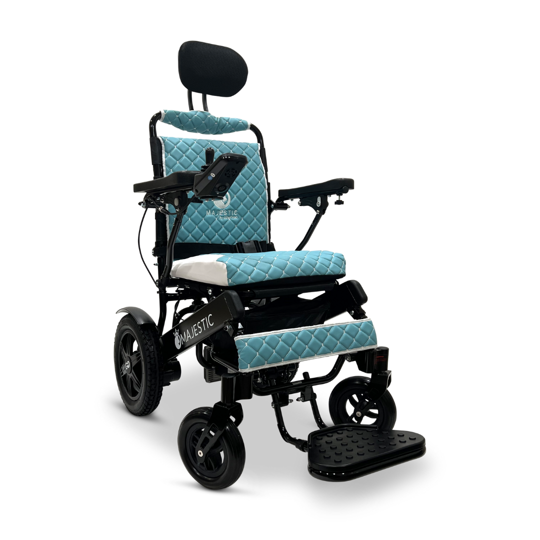 The ComfyGo MAJESTIC IQ-9000 Auto Recline Remote Controlled Electric Wheelchair, available in a striking blue and black color scheme, features a headrest, armrests, and quilted upholstery for optimal comfort. Equipped with brushless silent motors and a digital joystick controller, it provides seamless mobility integrated with cutting-edge technology.