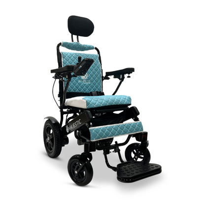 The ComfyGo MAJESTIC IQ-9000 Auto Recline Remote Controlled Electric Wheelchair, available in a striking blue and black color scheme, features a headrest, armrests, and quilted upholstery for optimal comfort. Equipped with brushless silent motors and a digital joystick controller, it provides seamless mobility integrated with cutting-edge technology.
