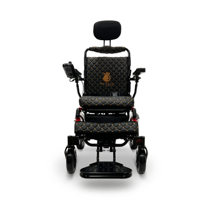 Introducing the ComfyGo MAJESTIC IQ-9000 Auto Recline Remote Controlled Electric Wheelchair, a stylish black mobility scooter with quilted cushions and gold accents. It features a digital joystick controller and brushless silent motors, complemented by an elevated footrest, comfortable headrest, and the brand logo elegantly displayed on the backrest.