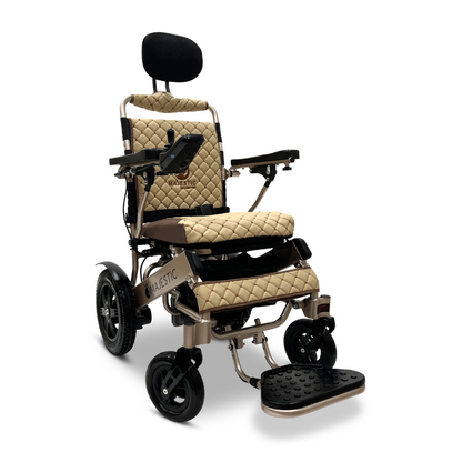 Introducing the ComfyGo MAJESTIC IQ-9000 Auto Recline Remote Controlled Electric Wheelchair, featuring a beige quilted seat and footrest. It comes equipped with a digital joystick controller, black armrests, and brushless silent motors for whisper-quiet operation. The metallic structure includes a headrest and wheels, with the control panel conveniently located on the right armrest.