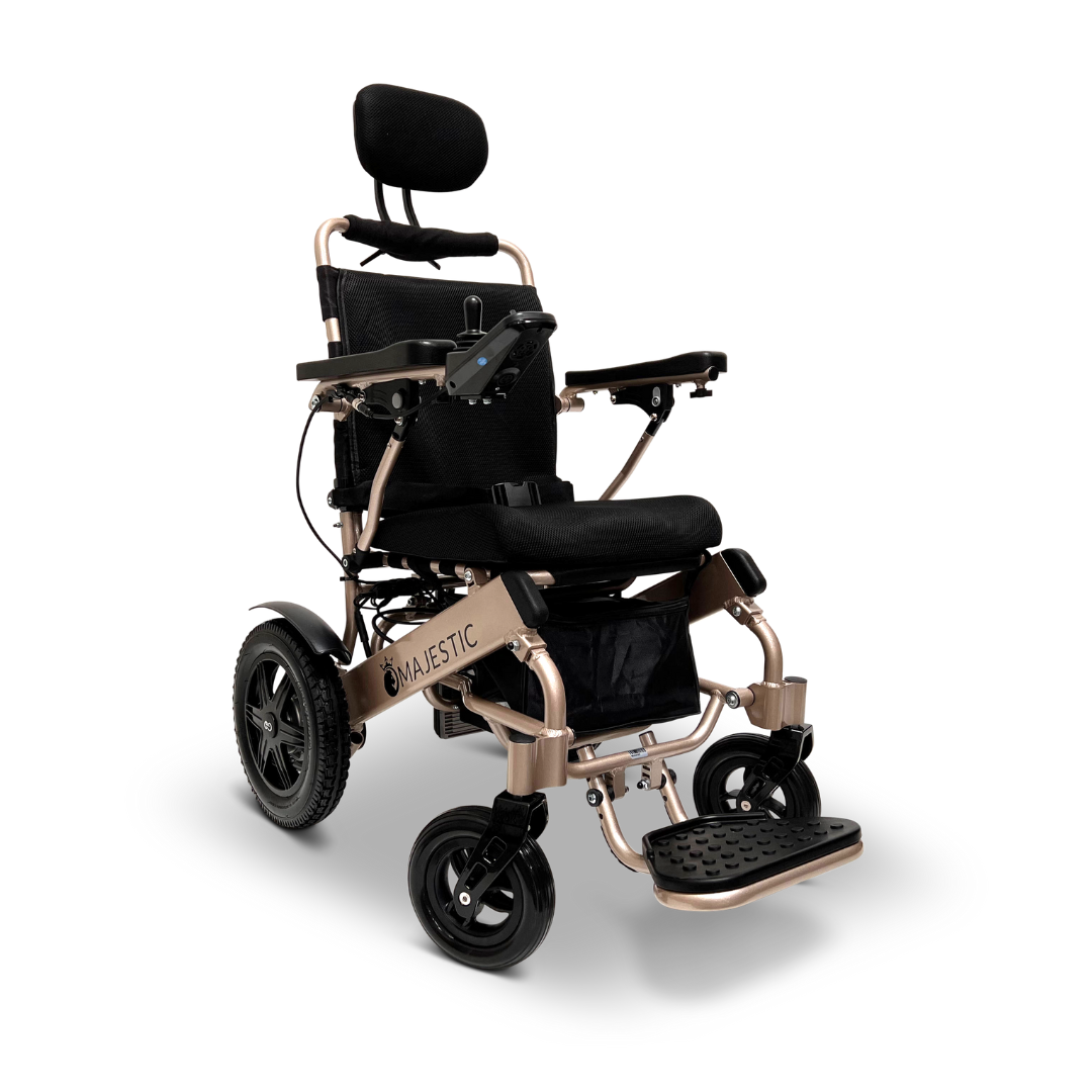 The ComfyGo MAJESTIC IQ-9000 Auto Recline Remote Controlled Electric Wheelchair is a sleek, modern mobility solution that includes a black seat, headrest, and metallic frame. Equipped with four wheels and footrests, it features brushless silent motors along with a digital joystick controller conveniently located on the armrest to provide a sophisticated experience.