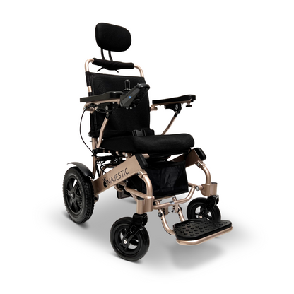 The ComfyGo MAJESTIC IQ-9000 Auto Recline Remote Controlled Electric Wheelchair is a sleek, modern mobility solution that includes a black seat, headrest, and metallic frame. Equipped with four wheels and footrests, it features brushless silent motors along with a digital joystick controller conveniently located on the armrest to provide a sophisticated experience.