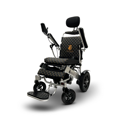 The ComfyGo MAJESTIC IQ-9000 features padded black and gold quilted upholstery, adjustable armrests, head support, a footrest, digital joystick controller, and a control panel. Its sleek design and automatic reclining provide unmatched comfort.