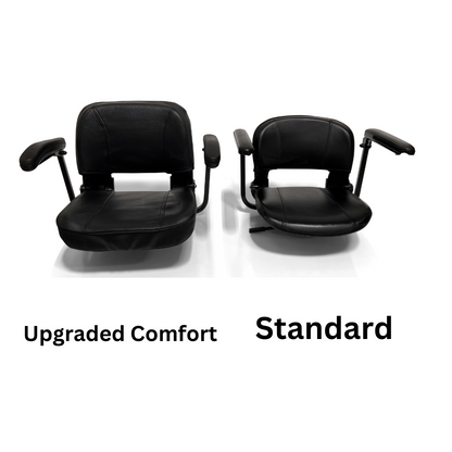 Two black office chairs are side by side. The left chair, Upgraded Comfort, features all-terrain performance with a cushioned seat, while the right, Standard, resembles a compact and portable design like the ComfyGo Z-4 Ultra-Light Electric Mobility Scooter.