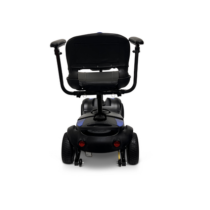 Rear view of the ComfyGo Z-4 Ultra-Light Electric Mobility Scooter, a portable solution with a cushioned seat, four sturdy wheels, and armrests. Ideal for all-terrain performance, it is elegantly set against a white background.