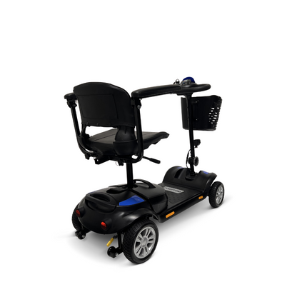 The ComfyGo Z-4 Ultra-Light Electric Mobility Scooter is a compact, portable solution with a sleek black and blue design, featuring a cushioned seat, rearview mirror, and small front basket. Photographed on a plain white background, its ideal for all-terrain performance.