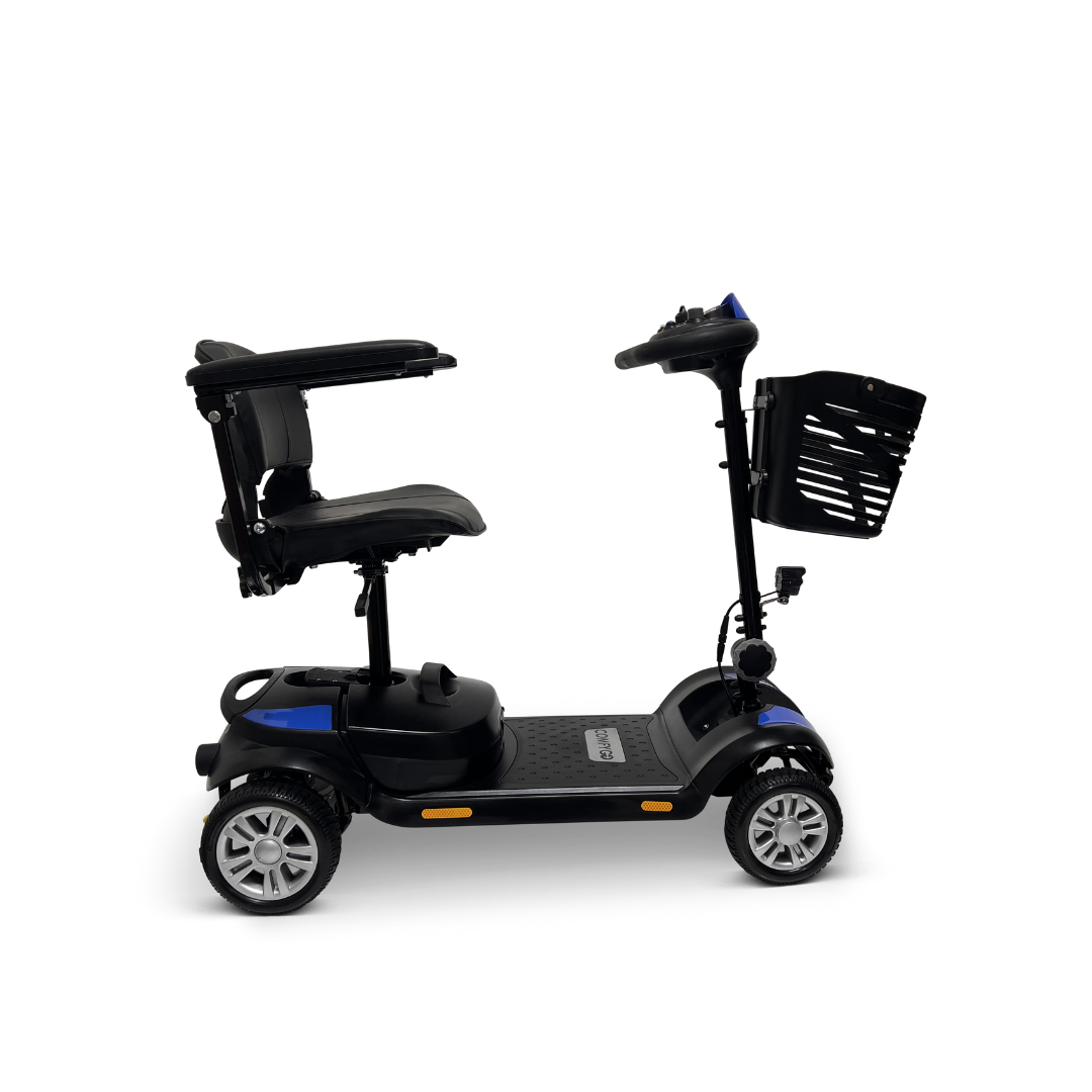 Side view of the ComfyGo Z-4 Ultra-Light Electric Mobility Scooter in blue and black, featuring all-terrain performance. It offers a padded seat, armrests, handlebar, front basket, four wheels, and a non-slip platform for secure foot placement.