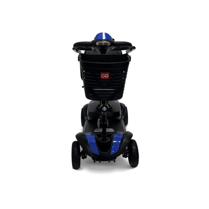 Front view of the ComfyGo Z-4 Ultra-Light Electric Mobility Scooter in blue/black. This portable scooter features a handlebar, front basket, compact design for easy navigation, and delivers excellent all-terrain performance.
