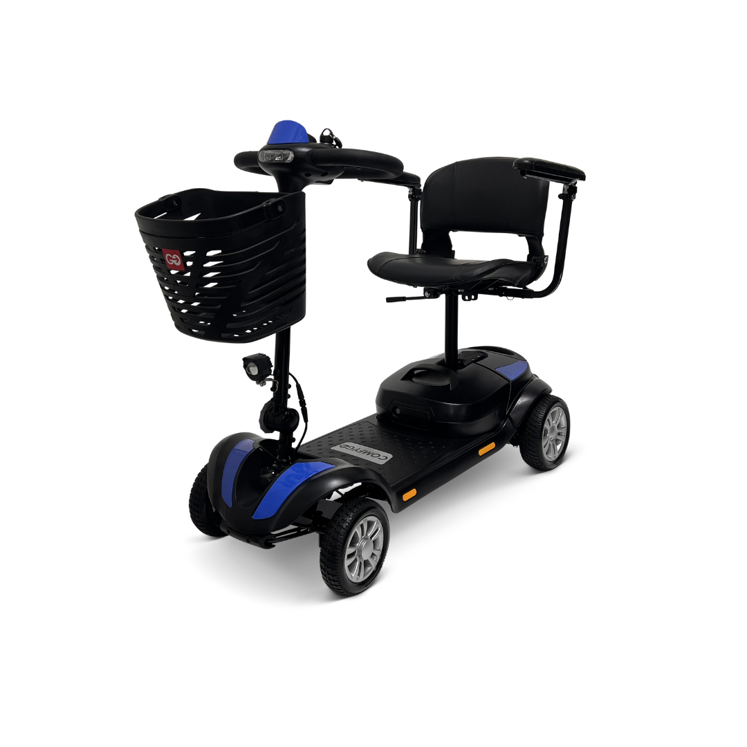 The ComfyGo Z-4 Ultra-Light Electric Mobility Scooter, available in black and blue, is a portable four-wheel scooter featuring a front basket, control handlebars, padded seat with armrests, and footrest. It ensures personal transportation and all-terrain accessibility.
