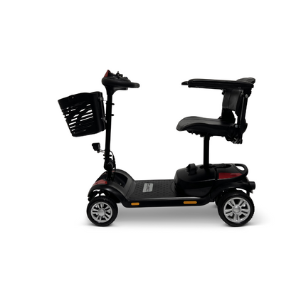 The ComfyGo Z-4 Ultra-Light Electric Mobility Scooter offers all-terrain performance with four wheels, a comfy seat with backrest, intuitive handlebar controls, and a front basket. Shown in side view against a white background, it provides a portable mobility solution.