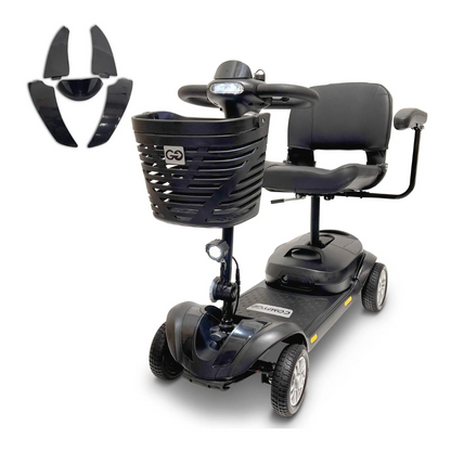 The ComfyGo Z-4 Ultra-Light Electric Mobility Scooter (Airline Approved) is shown in black with a front basket and padded seat, plus three detachable black cover pieces displayed separately on a white background.