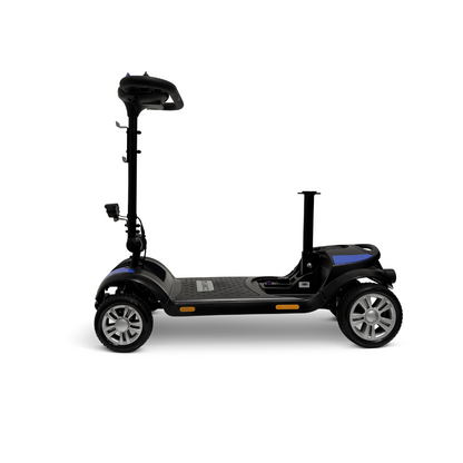 The ComfyGo Z-4 Ultra-Light Electric Mobility Scooter, in black and blue, is a portable four-wheel marvel featuring a seat, handlebars, control panel, all-terrain performance, sleek design elements like headlights and side reflectors for enhanced mobility.