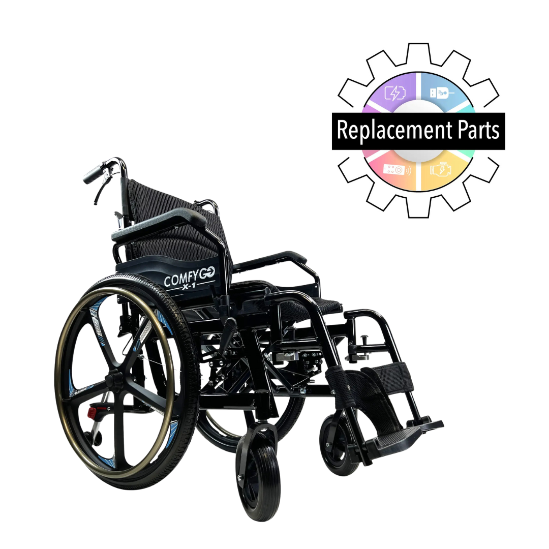 A black ComfyGo X-1 Manual Wheelchair appears at an angle, showing large rear wheels and footrests. To the right, a colorful gear icon highlights ComfyGo X-1 Manual Wheelchair Replacement Parts for fast repairs.