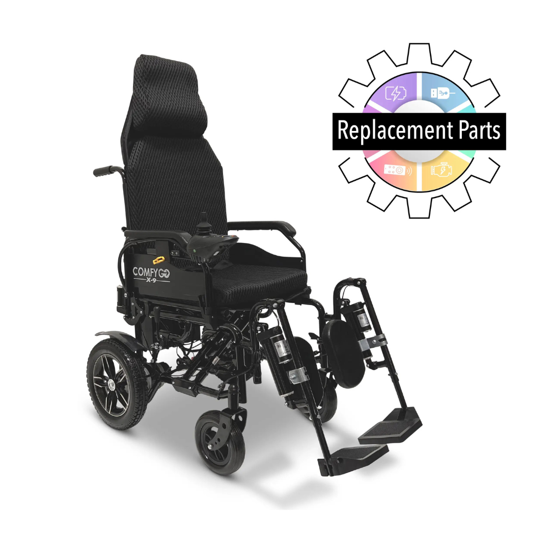 A black motorized wheelchair with a high backrest is shown angled. Next to it, a large gear-shaped icon labeled "Replacement Parts" highlights ComfyGo X-9 Electric Wheelchair replacement parts in colorful segments.