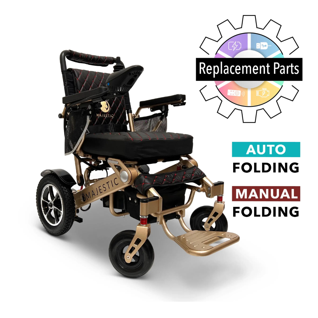 ComfyGo IQ-7000 Electric Wheelchair Replacement Parts—suitable for auto or manual folding models; features a lightweight, foldable design with a black and red cushioned seat, gold frame, and footrest. Ideal for repairs or upgrades.