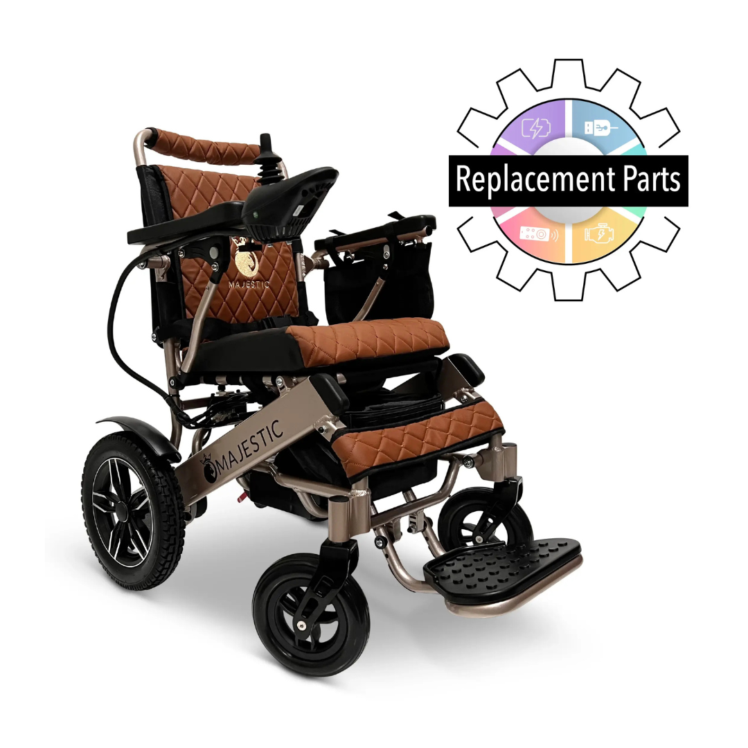A brown and black electric wheelchair with quilted upholstery appears beside a colorful gear-shaped icon, highlighting available ComfyGo IQ-8000 Electric Wheelchair Replacement Parts.